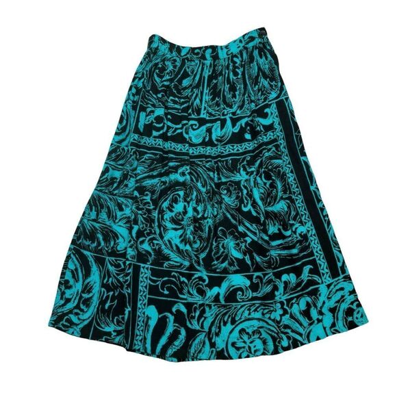 Vintage 1980’s Melrose Brand Turqoise and Black Pleated Midi‎ Skirt Size 7/8 - Picture 1 of 10